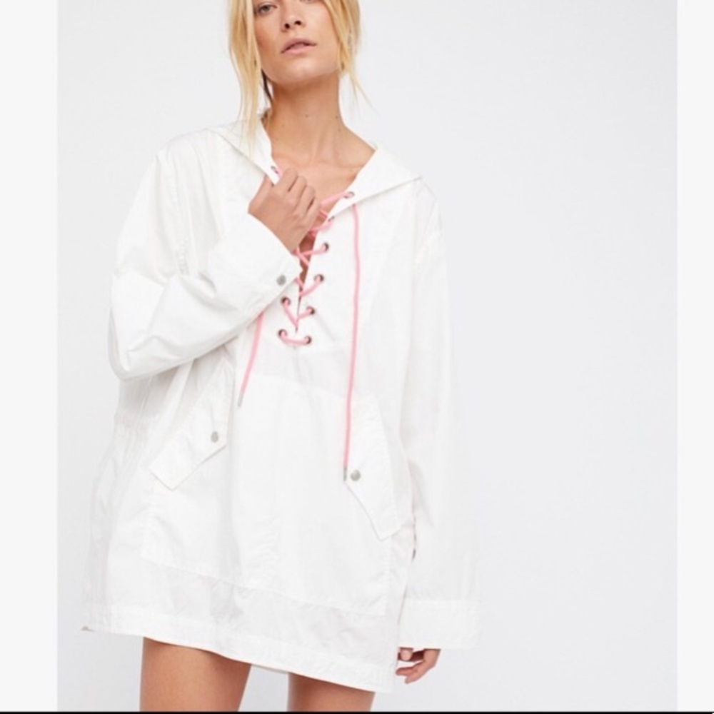 EUC Free People Poplin Pullover Hoodie White Pink
